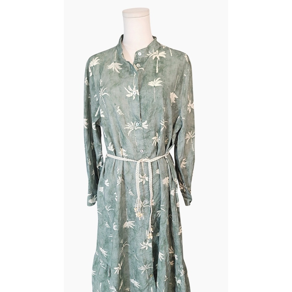 Francesca Bettini Italy Linen Blend Dress Palm Print Maxi Shirt Button Front - Picture 2 of 9